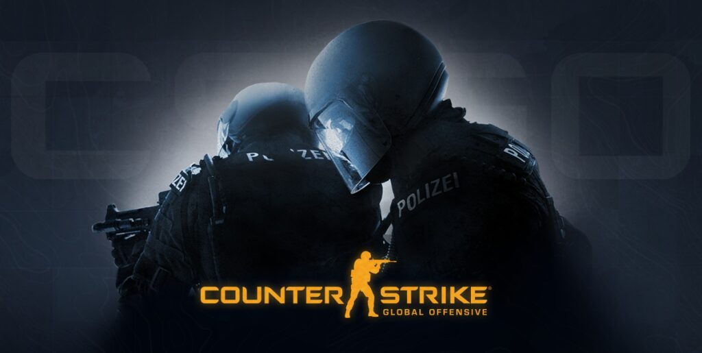 Two Riot Police Officers in Tactical Gear with Helmets Silhouetted in Blue Tones Logo at Bottom for Counter strike Global Offensive