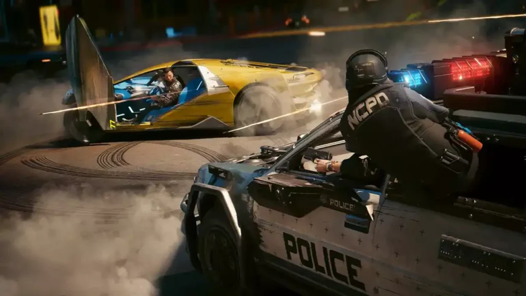 Nighttime Police Chase an Armored Police Cruiser with Bluered Lights Pursues a Yellow Sports Car Amid Smoke