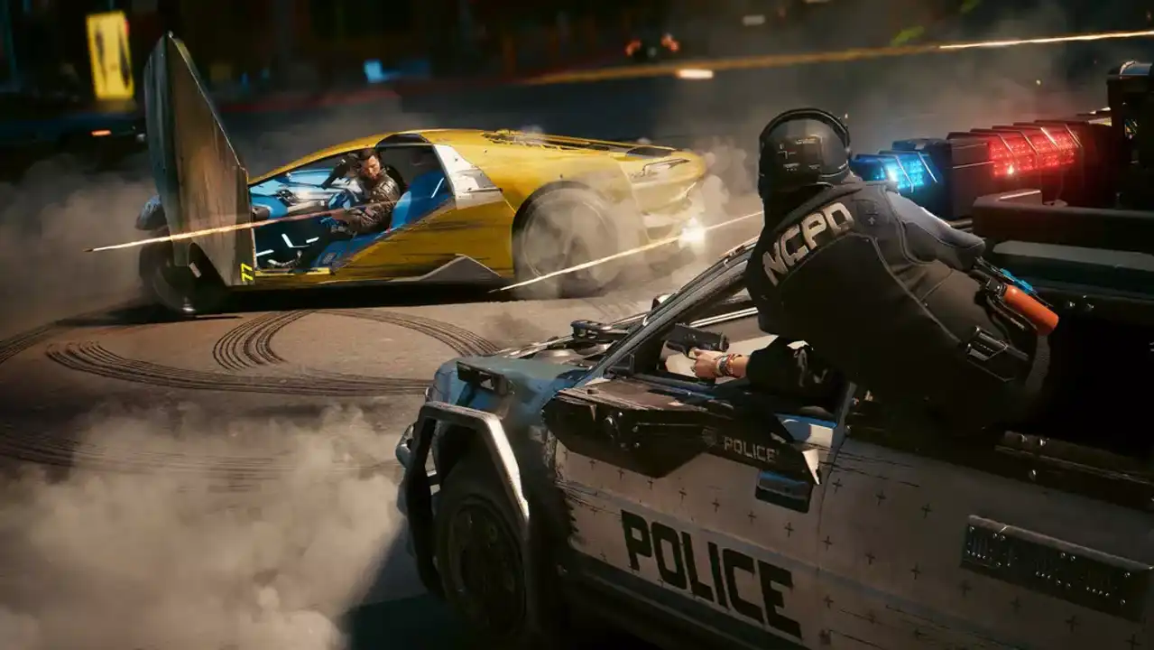 Nighttime Police Chase an Armored Police Cruiser with Bluered Lights Pursues a Yellow Sports Car Amid Smoke