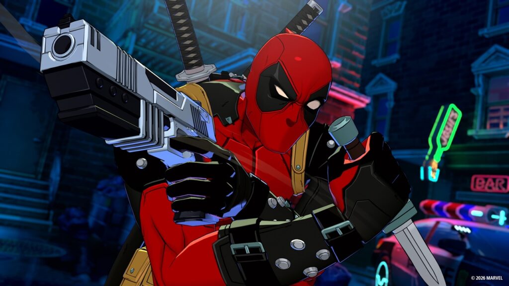 Deadpool Aims a Large Futuristic Pistol in a Neon lit Urban Alley Two Swords on His Back Ready for Action