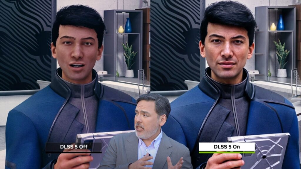 Split screen Showing Two Identical Hosts in Blue Jackets Left Labeled Dlss 5 Off Right Labeled Dlss 5 On with a Presenter Gesturing in Front