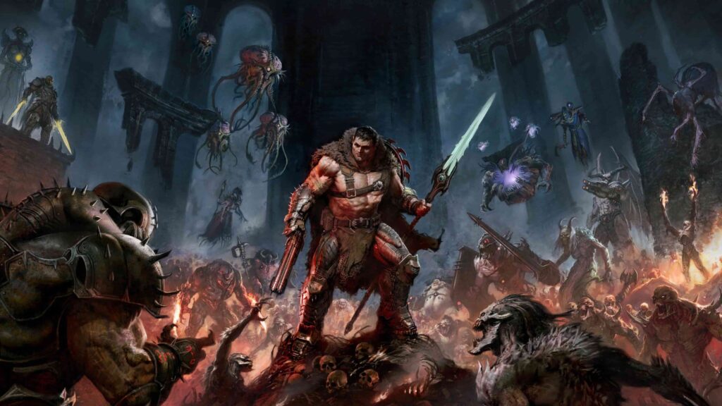 Heroic Warrior in Fur Cloak and Red Armor Wields a Glowing Greensaber like Sword Amid Demons in a Burning Ruined Lair