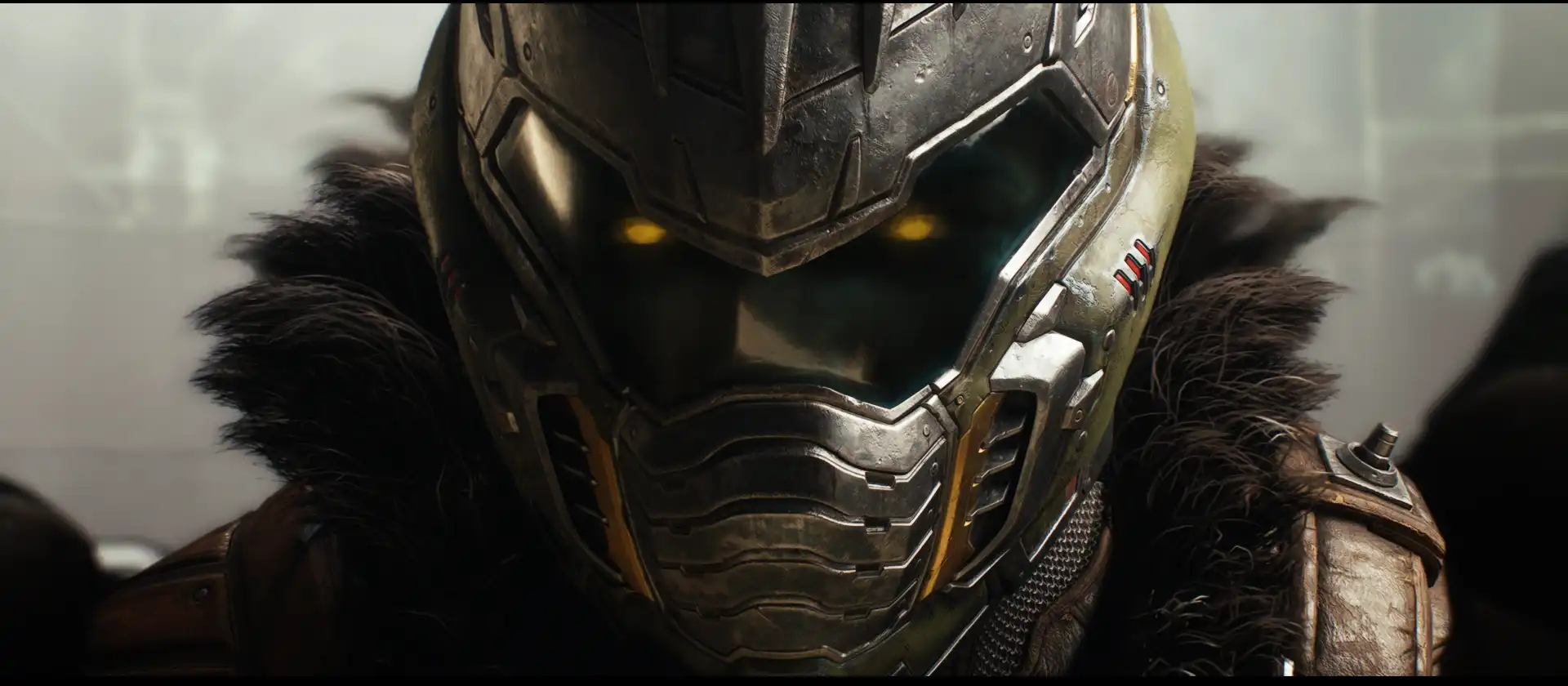 Close up of a Heavy Futuristic Helmet with Yellow Glowing Eyes and Layered Metal Plating