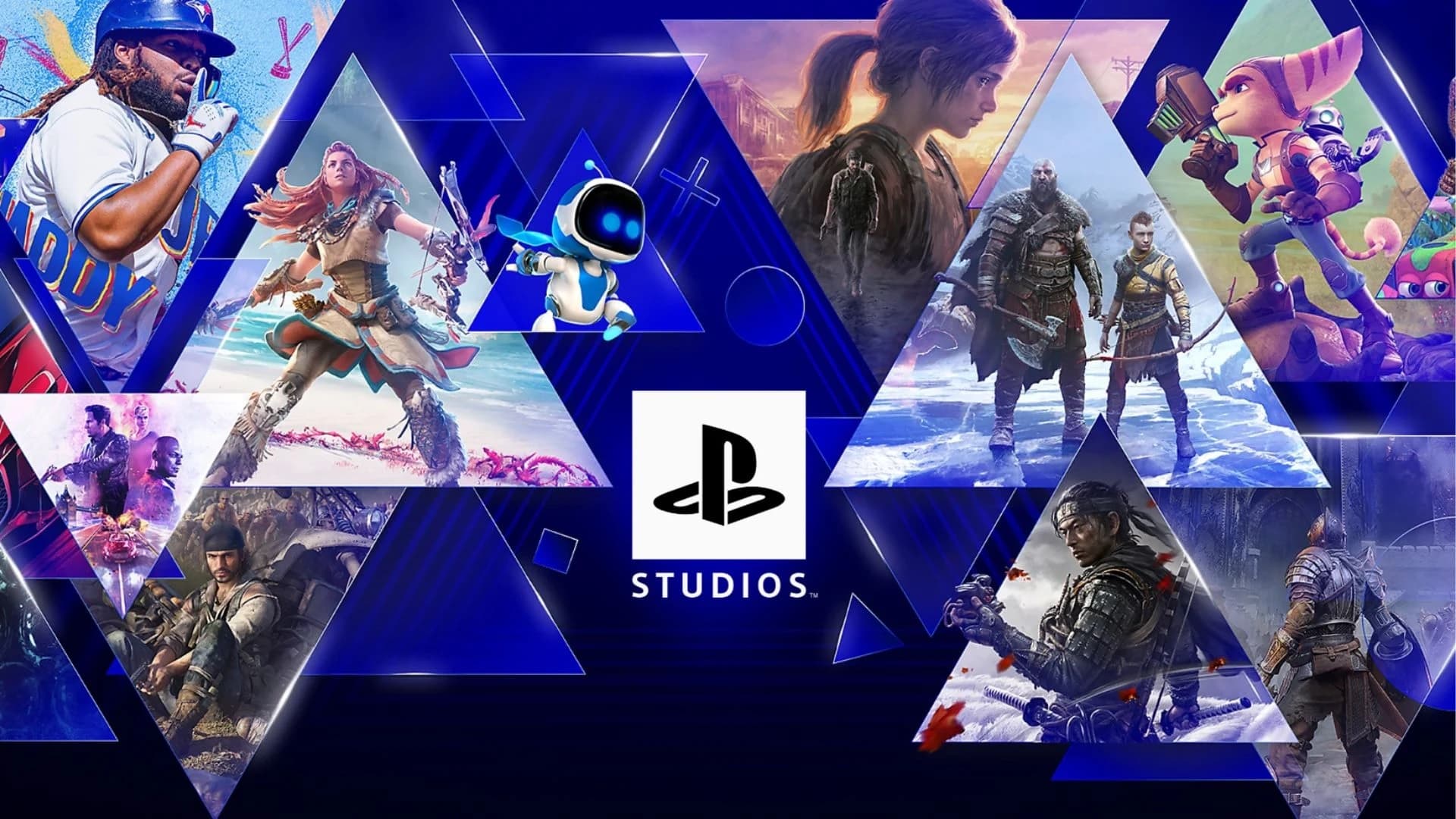 Playstation Studios Collage Banner with Blue Triangles Featuring Multiple Game Characters and the Central Logo