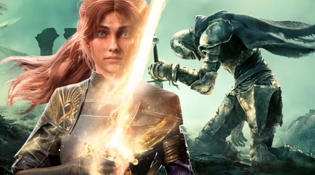 Heroic Woman in Armor Wields a Glowing Sword As a Battlefield Unfolds Behind Her