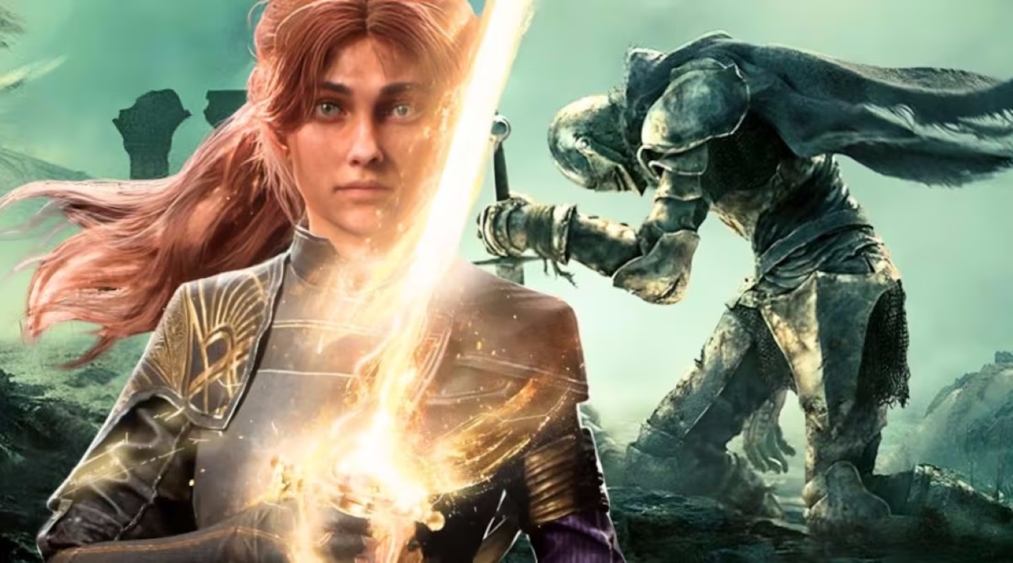 Heroic Woman in Armor Wields a Glowing Sword As a Battlefield Unfolds Behind Her