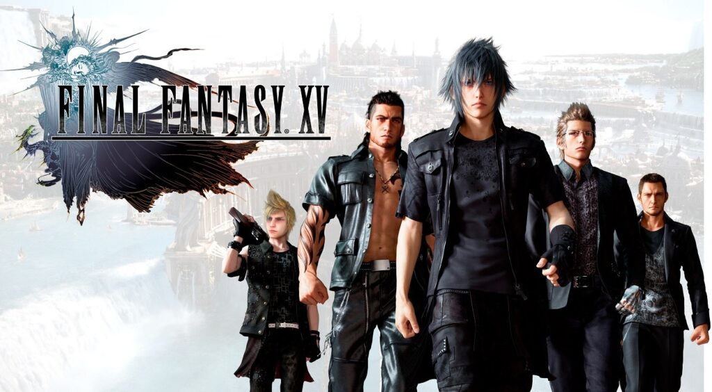 Final Fantasy Xv Promotional Image with Five Male Characters in Dark Outfits Walking Toward the Viewer Against a Pale Cityscape Logo on the Left