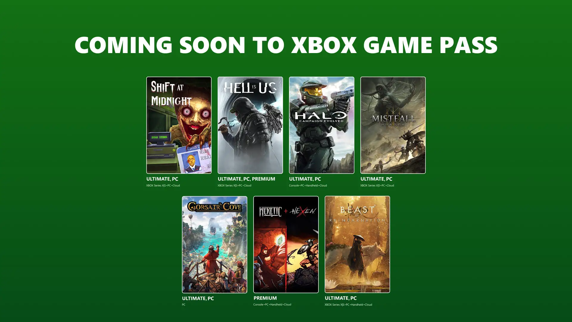 Coming Soon to Xbox Game Pass Row of Game Covers on a Green Background Showing Multiple Titles Like Shift at Midnight Hell is Us Halo and Mistfall Hunter