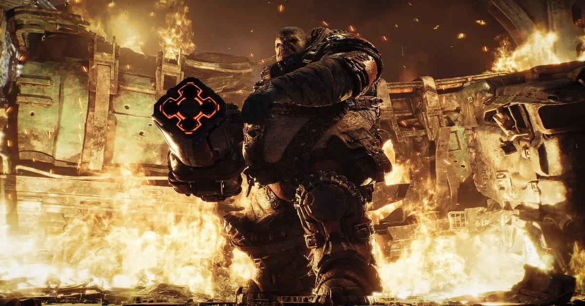 Massive Armored Warrior Raises a Glowing Hammer Amid Blazing Wreckage Near a Fiery Battlefield to Convey Action and Scale