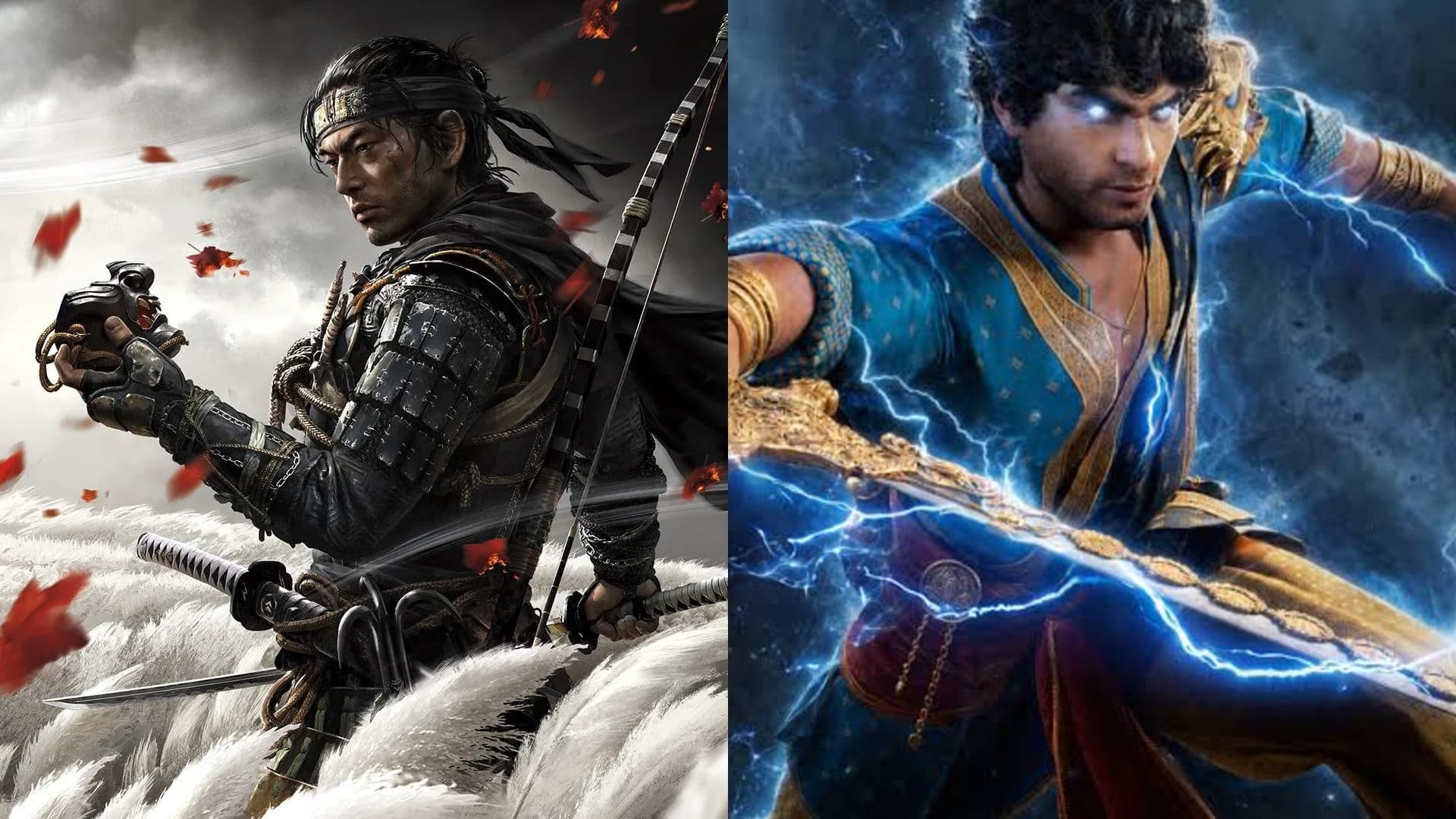 Split Image Left Side Shows a Samurai style Warrior in Armor Holding a Blade in a Snowy Windy Scene Right Side Shows a Blue robed Hero Summoning Lightning