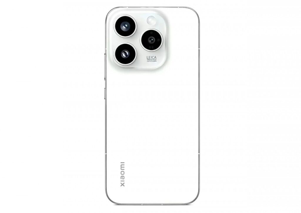 Back of a white Xiaomi smartphone showing a square camera module with three lenses and Leica branding at the top-left area of the back panel.