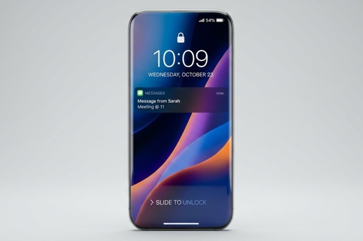 Smartphone displaying a lockscreen with time 10:09 and a message notification on a gradient wallpaper.