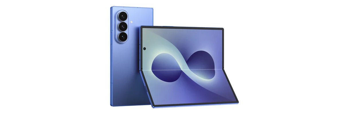 Blue foldable smartphone/tablet with a triple-camera rear array and a large open display