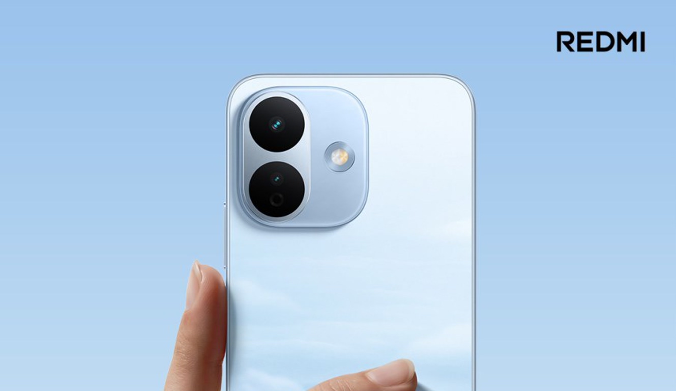 Blue Redmi smartphone held in a hand, displaying a square camera module with two large lenses and a flash on the back against a pale blue background