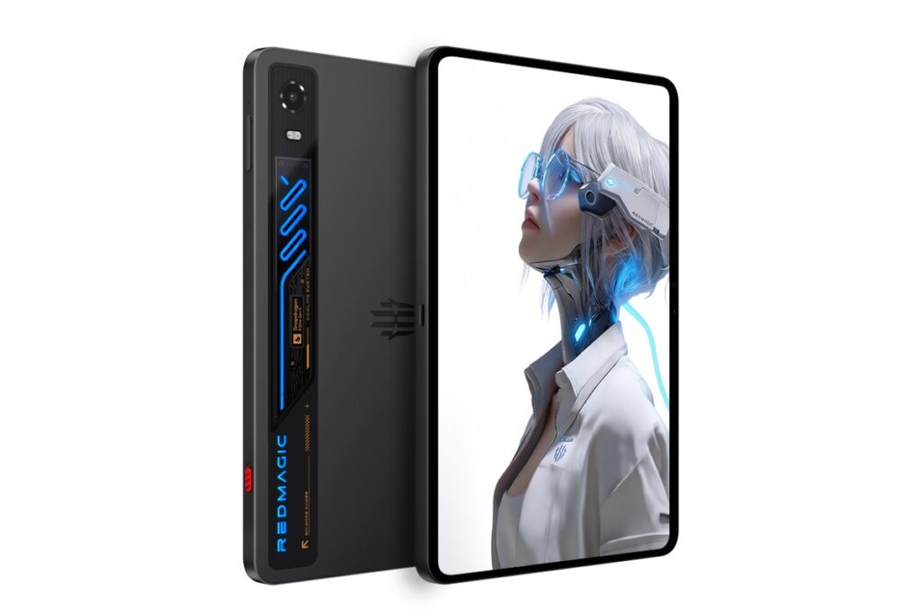 Gaming smartphone with neon blue cooling vent on back, screen showing a cybernetic woman in high-tech gear.