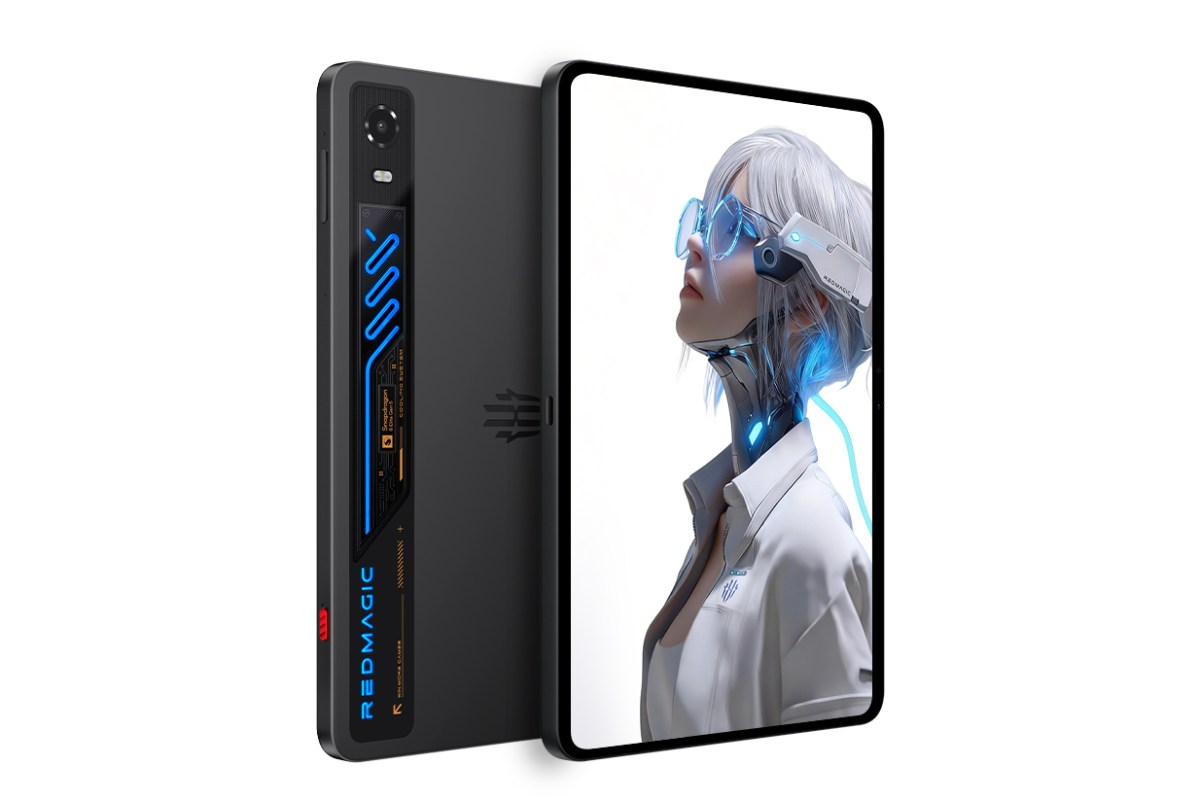 Gaming smartphone with neon blue cooling vent on back, screen showing a cybernetic woman in high-tech gear.