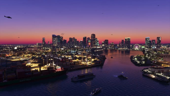Sunset over a Busy Harbor with a City Skyline Cranes and Ships on Calm Water