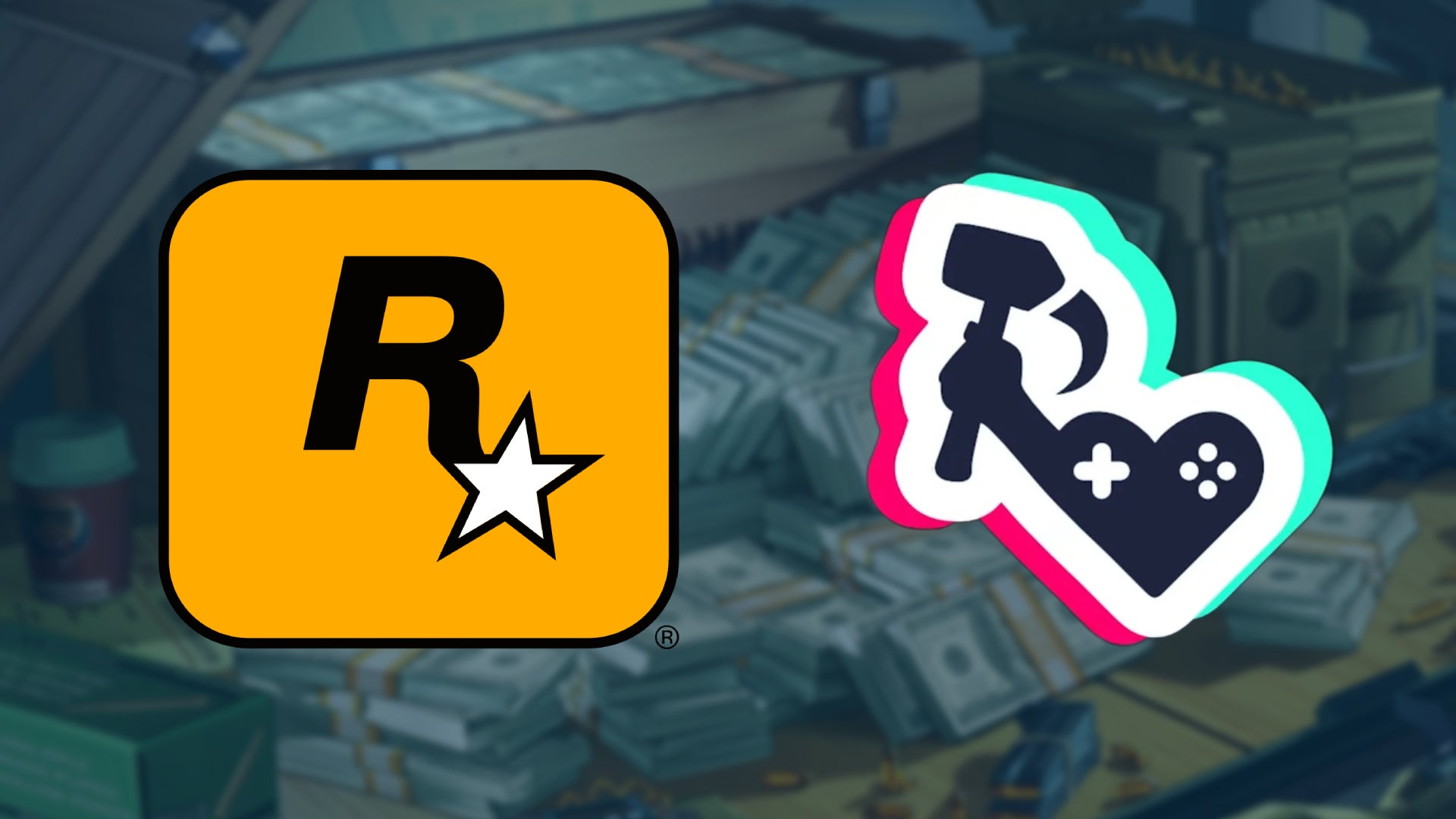 Rockstar Games Logo orange Rounded Square with Black R and White Star Beside a Colorful Gamer heart Sticker on a Blurred Store Background