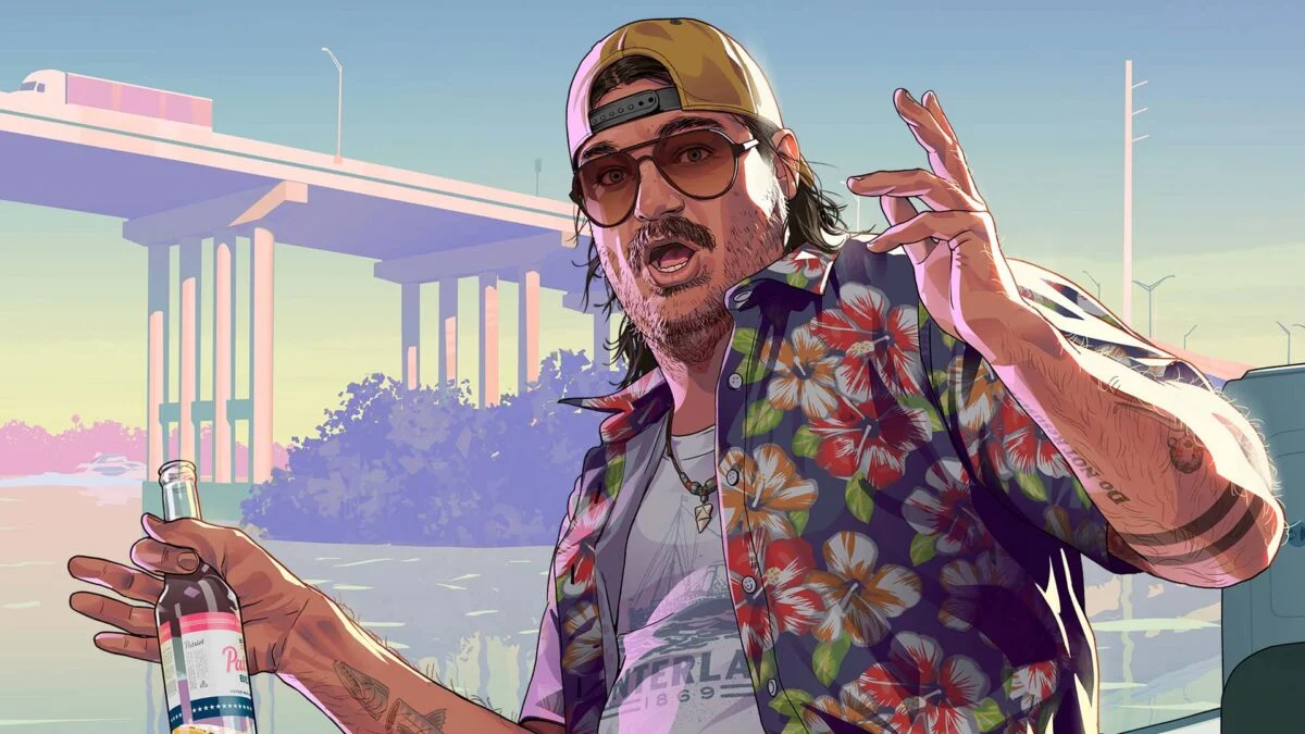 Illustrated Man in a Floral Shirt and Cap Holding a Bottle Making a Casual Hand Gesture Near an Overpass Backdrop