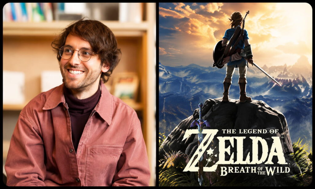 Smiling Man with Glasses in a Casual Red Shirt on the Left a Zelda Breath of the Wild Poster on the Right