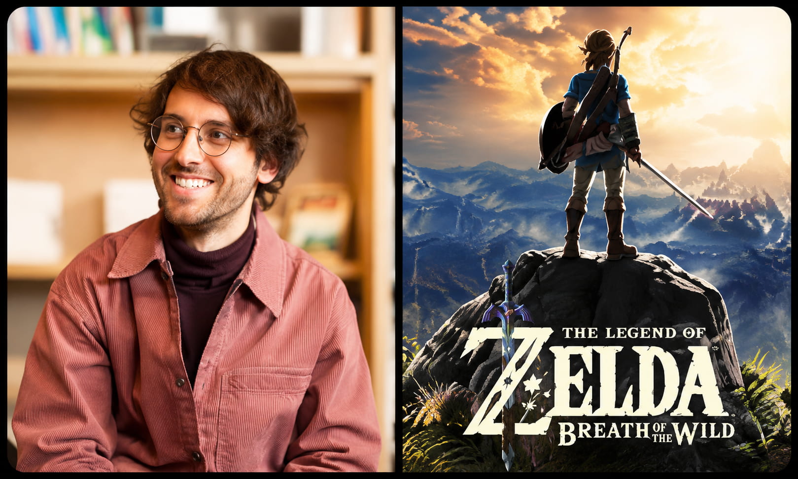 Smiling Man with Glasses in a Casual Red Shirt on the Left a Zelda Breath of the Wild Poster on the Right