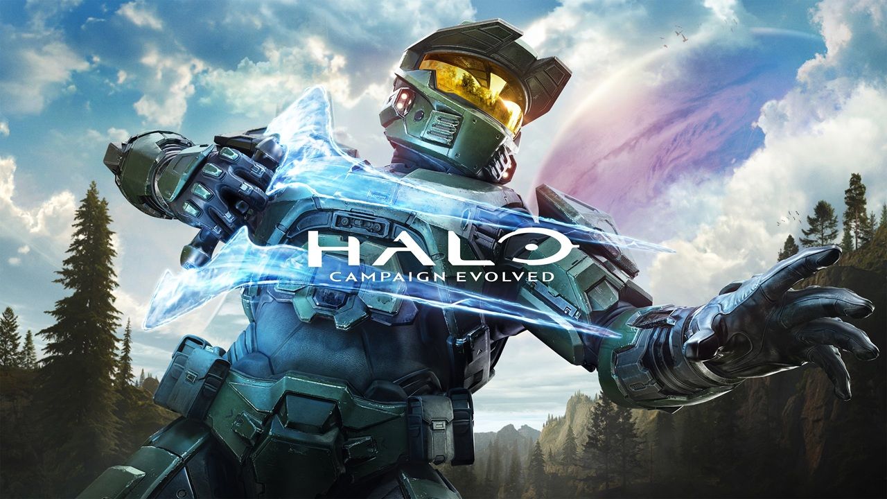 Halo Campaign Evolved Cover Featuring a Teal blue Armored Spartan Extending a Glowing Energy Blade in a Forested Landscape with a Distant Planet in the Sky