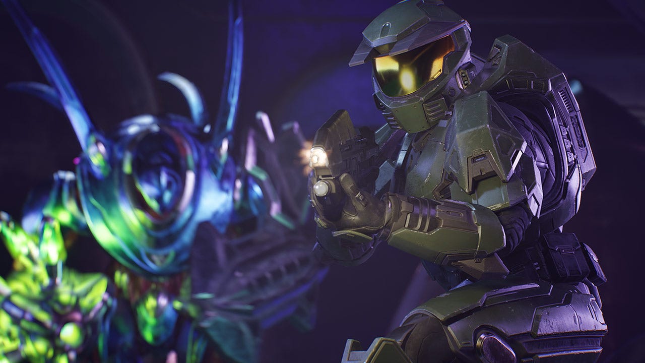 Green armored Sci fi Soldier Crouches and Aims a Weapon Glowing Visor Lit Against a Blue green Challenger in a Dark Battleground