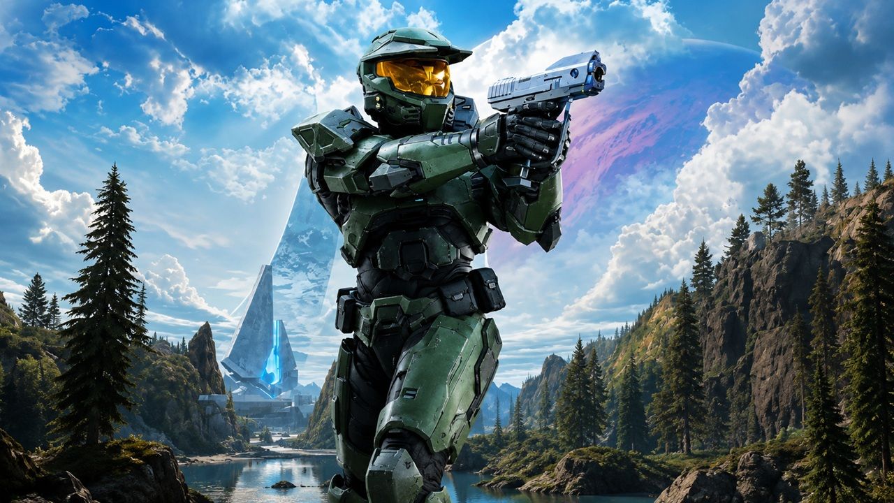 Green Armored Futuristic Soldier Aims a Pistol in a Mountainous Forest Scene with a Blue Sky and Large Planet in the Background