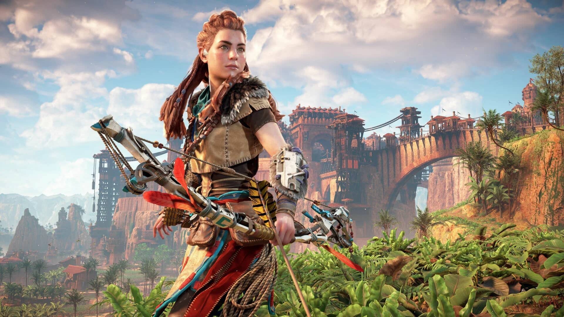 Female Archer in Tribal Attire with a Bow Drawn Standing Amid Lush Jungle and Distant Red Stone Fortifications
