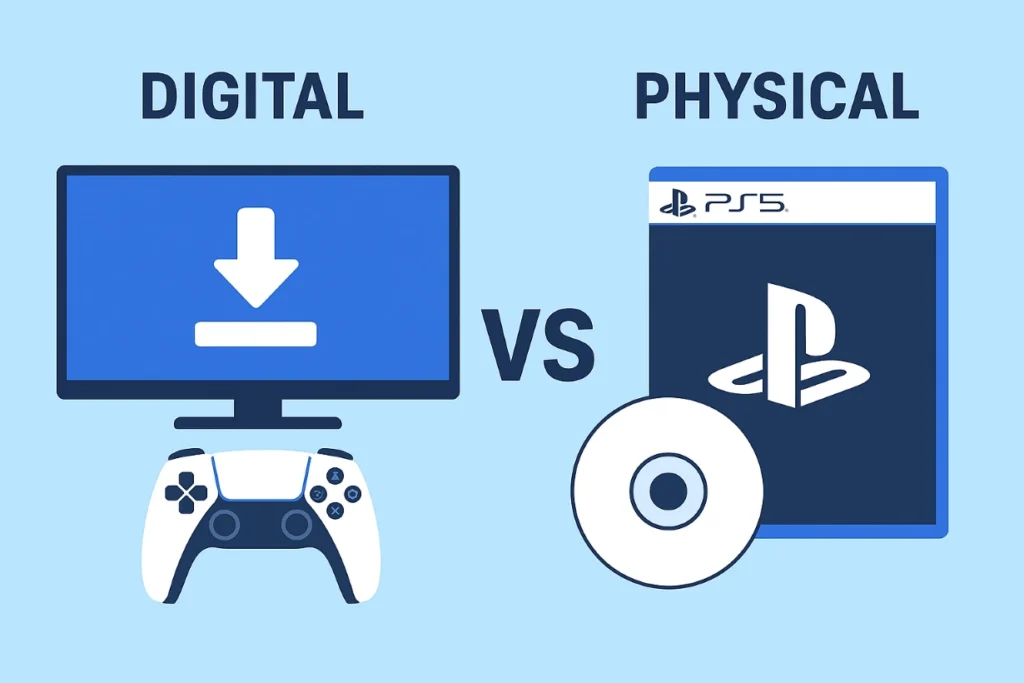 Digital Vs Physical Media Monitor with Download Icon Beside a Ps5 Game Case and Disc on a Blue Background