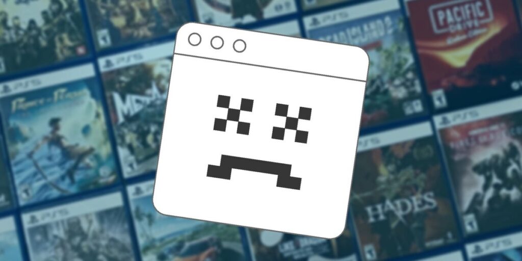 White Rounded square Window with a Pixelated Sad Face over a Blurred Grid of Video Game Covers