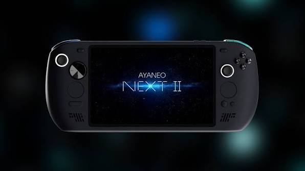 Ayaneo Next Ii Handheld Game Console Floating in a Dark Background Screen Shows the Ayaneo Next Ii Logo