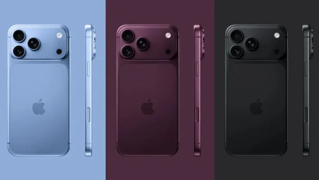 Back-view trio of iPhones in blue, burgundy, and black, showing the triple-camera module and side buttons side-by-side.