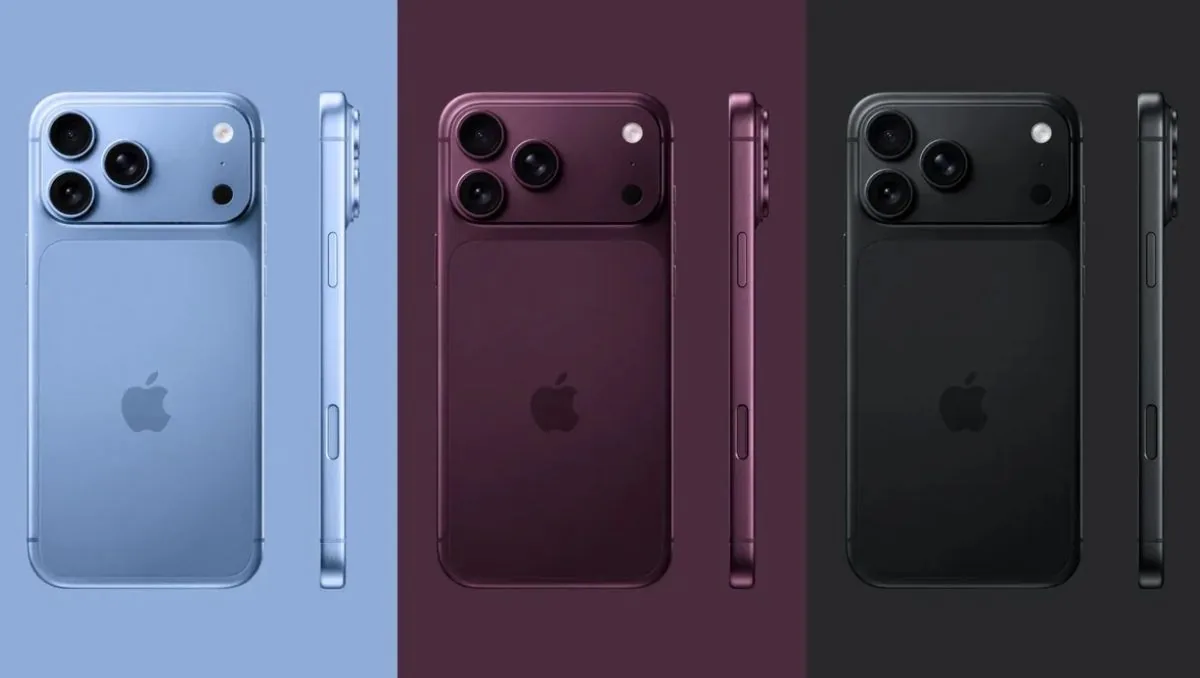 Back-view trio of iPhones in blue, burgundy, and black, showing the triple-camera module and side buttons side-by-side.