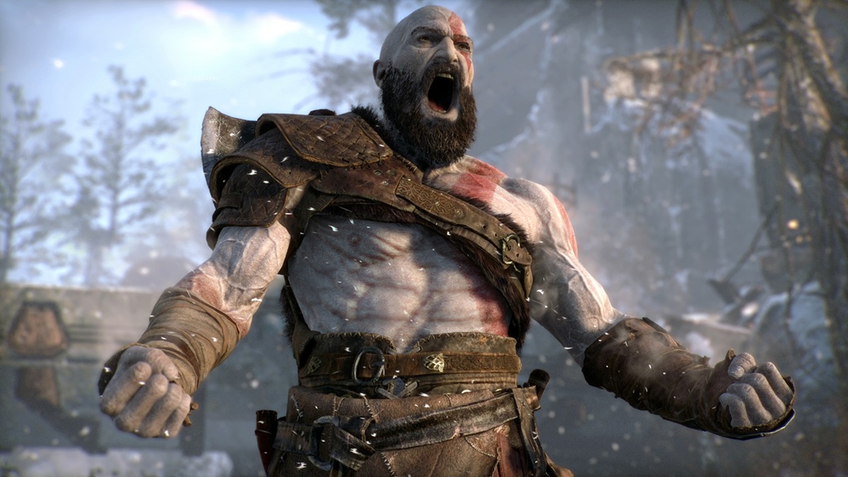 Kratos from God of War Screams with Fists Clenched in a Snowy Battlefield Wearing Rugged Armor and Leather Gear