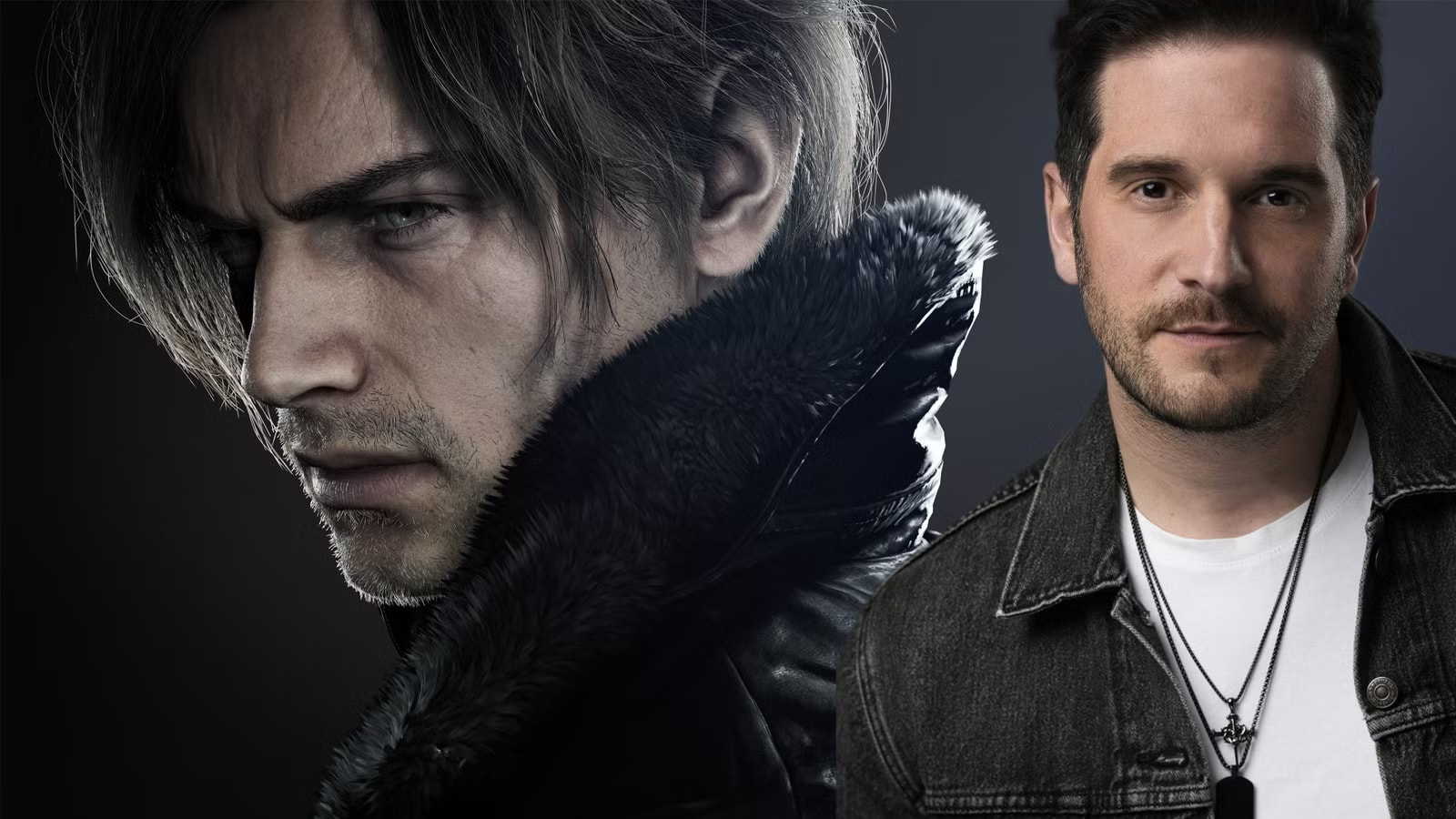 Two Men Split the Frame a Moody Close up of a Man in a Fur collared Coat on the Left and a Man in a Denim Jacket on the Right with Layered Necklaces
