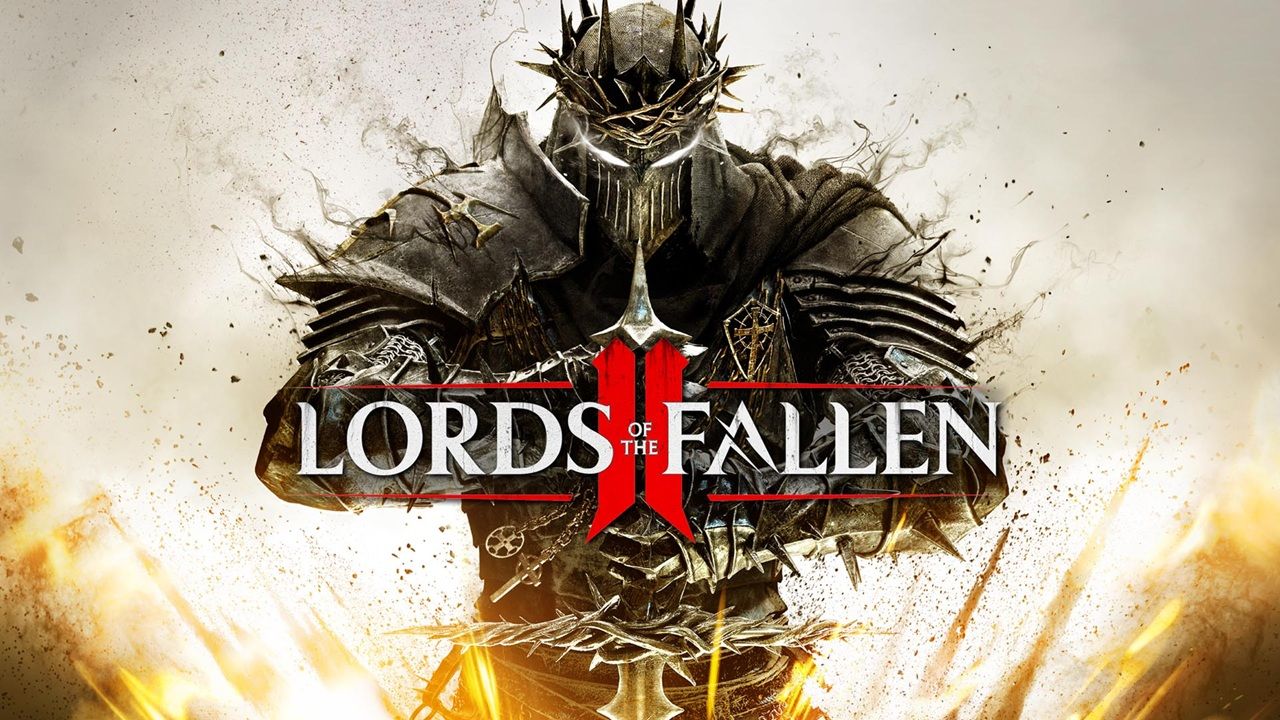 Video Game Cover for Lords of the Fallen Ii Showing a Dark Spiked helmet Armored Warrior with Glowing Eyes and Fiery Background