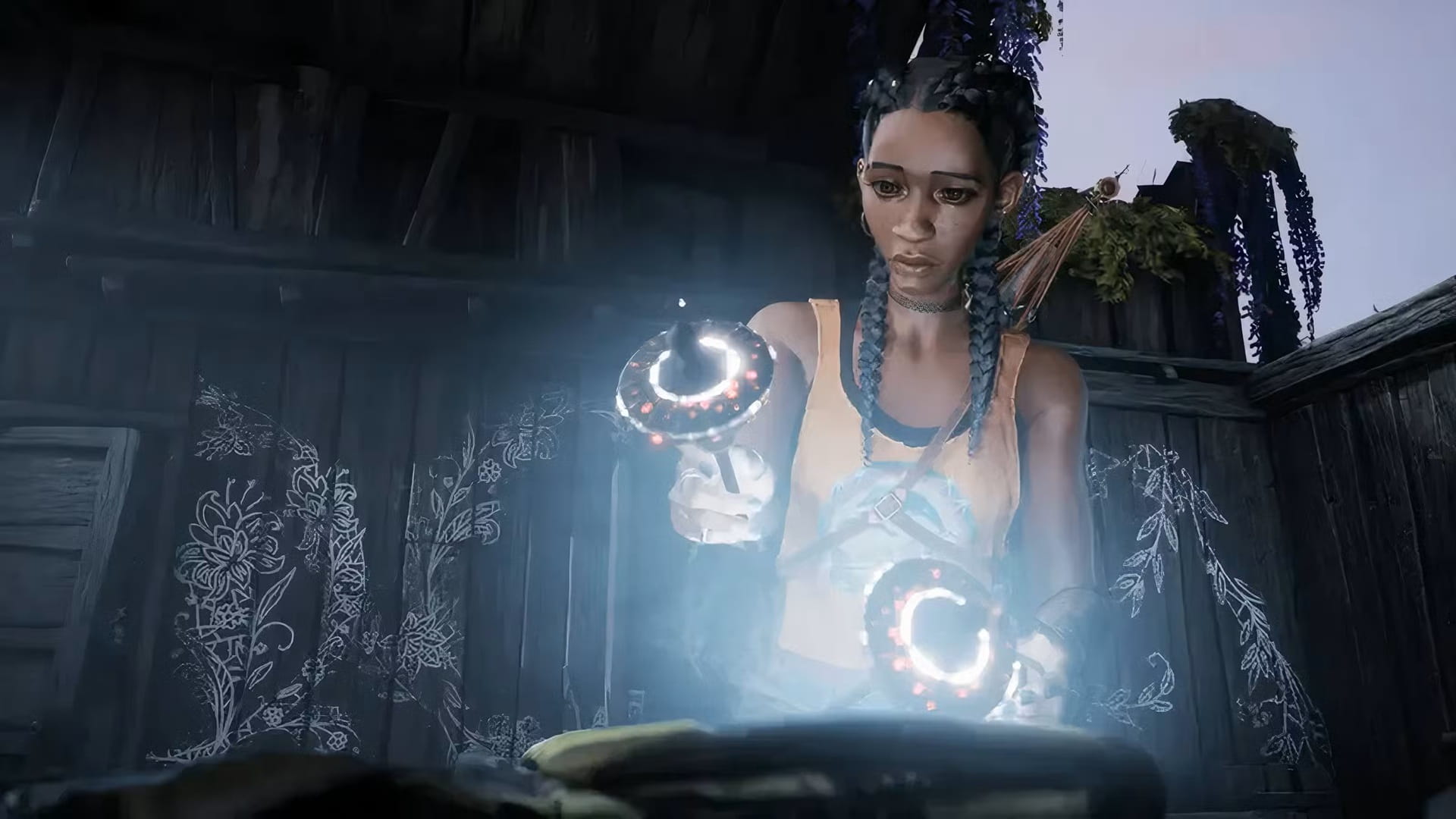 a Woman with Braided Hair in an Orange Top Points a Glowing Circular Device Toward the Camera in a Dim Wooden Room