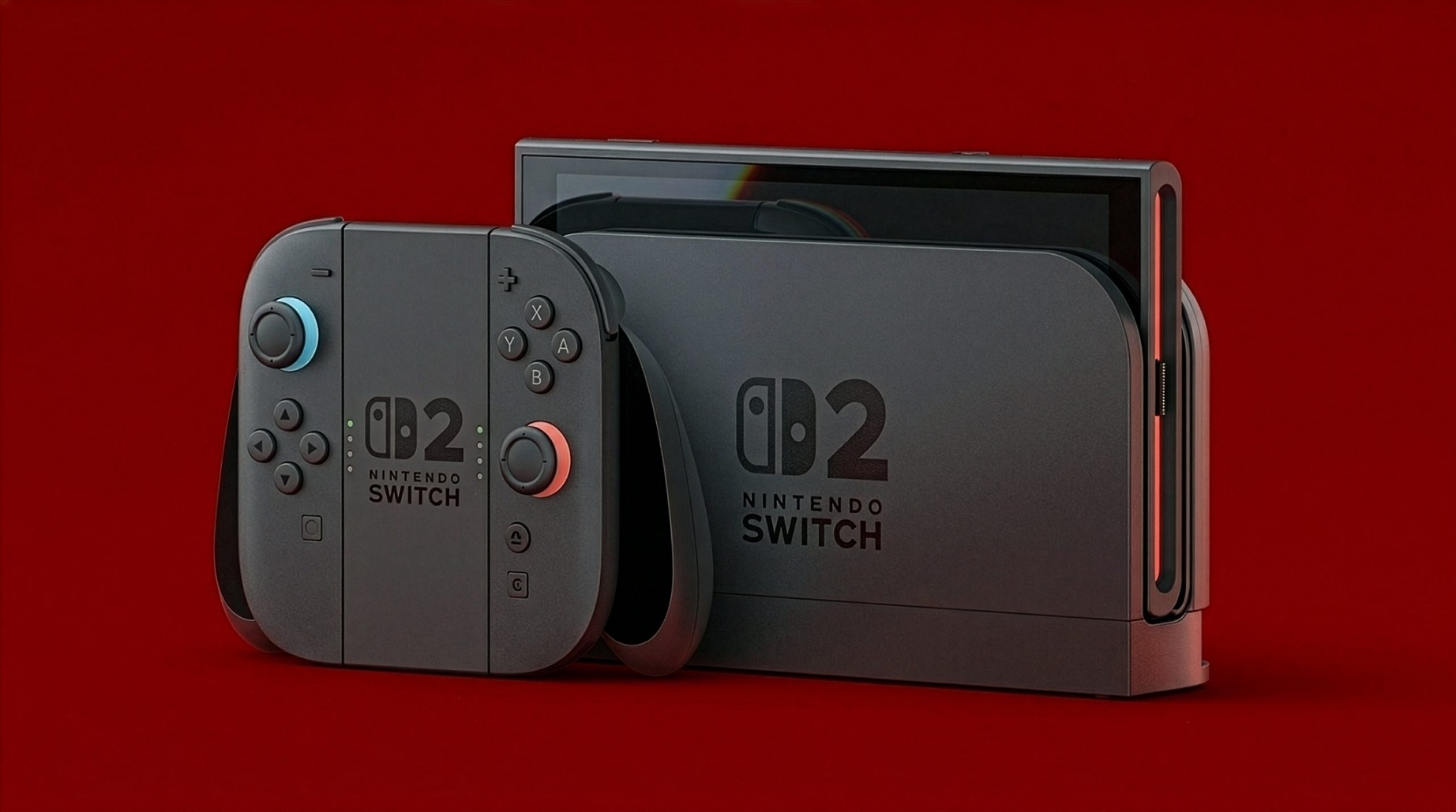 Nintendo Switch Console with Gray Joy con Controllers Attached on a Red Background