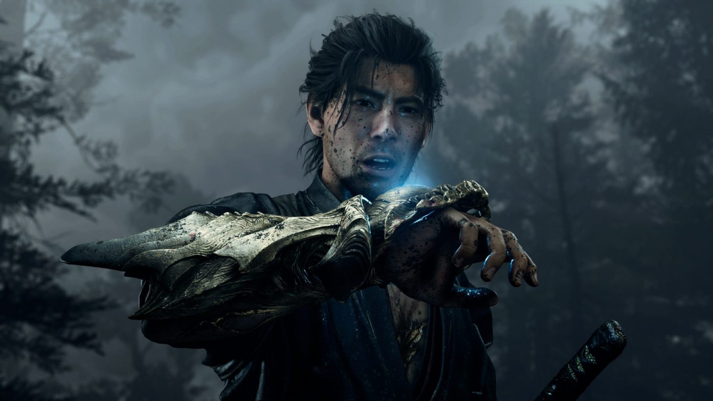 Fantasy Swordsman with Ornate Metal Gauntlet on His Right Arm Glowing Blue Light in a Misty Forest