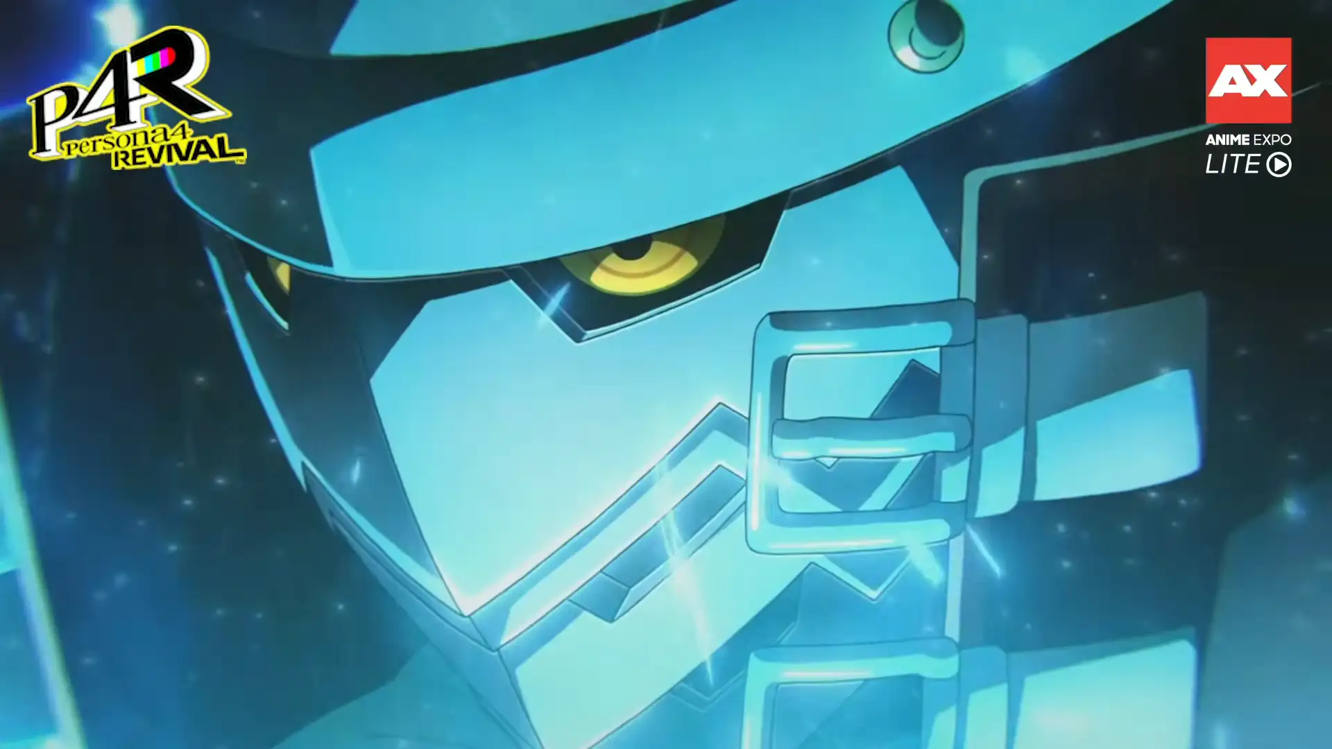 Close up of a Blue Robotic Helmet with a Yellow Glowing Eye P4r Persona 4 Revival and Ax Logos Visible in the Corners