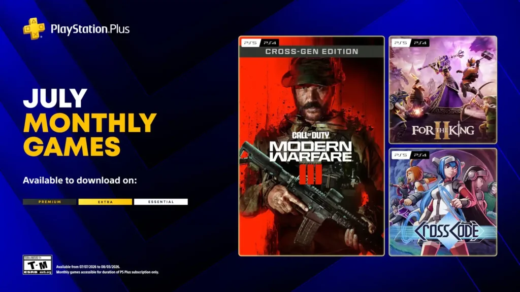 Playstation Plus July Monthly Games Banner with Call of Duty Modern Warfare Iii in Center and for the King and Crosscode on the Right