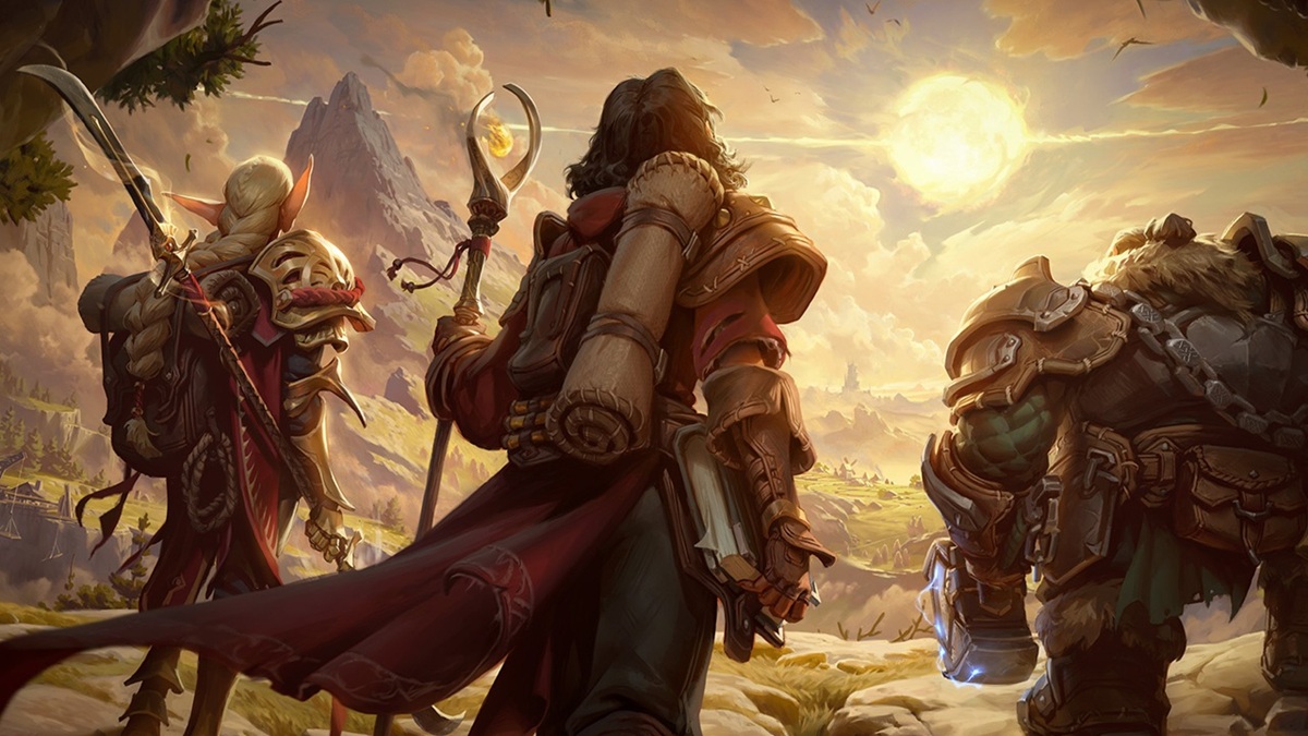 Three Armored Fantasy Adventurers Stand on a Rocky Hill Gazing at a Sunlit Valley and Distant Mountains at Sunset