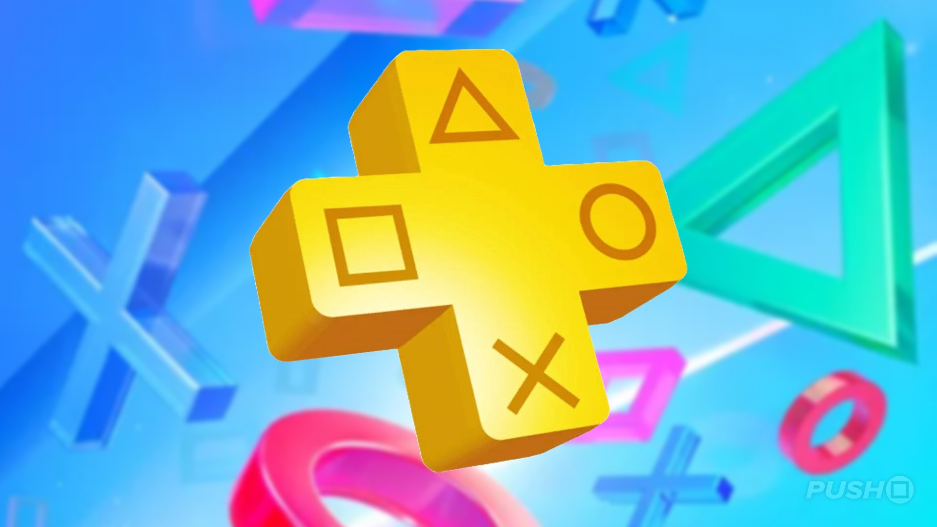 Bright Yellow 3d Cross shaped Block Featuring Square Triangle Circle and X Symbols Against a Blue Abstract Background Suggesting Game Controller Buttons