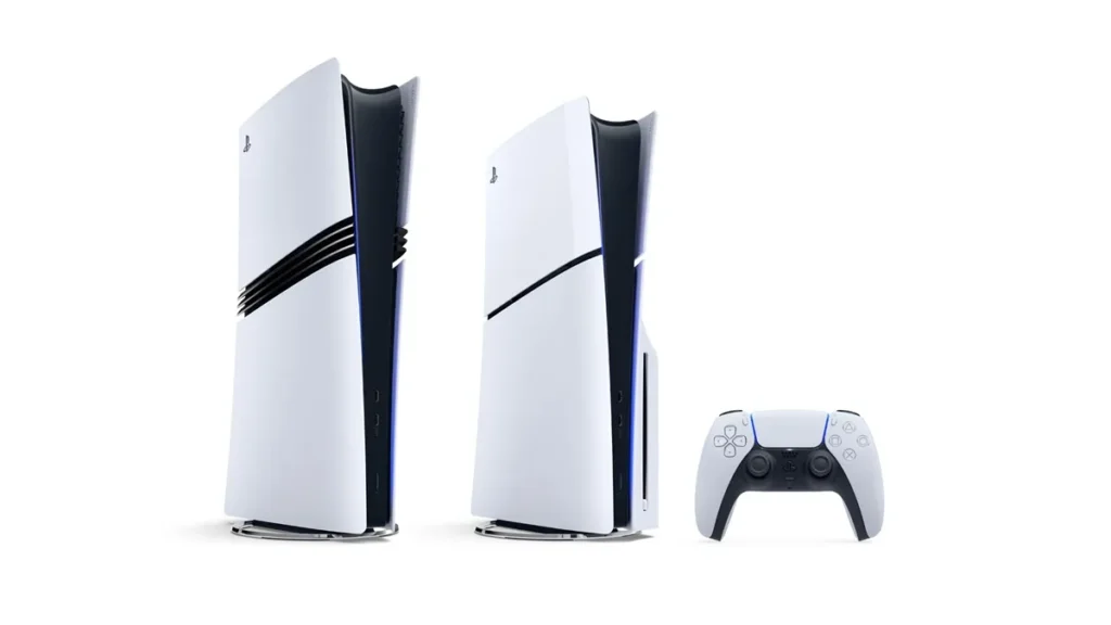 Two White Playstation 5 Consoles Standing Upright with a Dualsense Controller on the Right Side of the Image