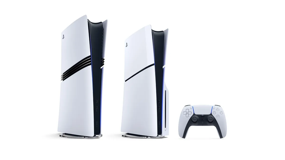 Two White Playstation 5 Consoles Standing Upright with a Dualsense Controller on the Right Side of the Image