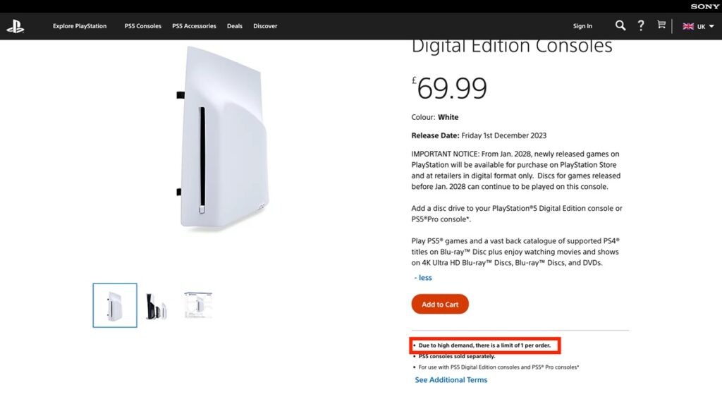 Playstation 5 Digital Edition Console in White Priced £6999 with a '1 Per Order' Note on the Page