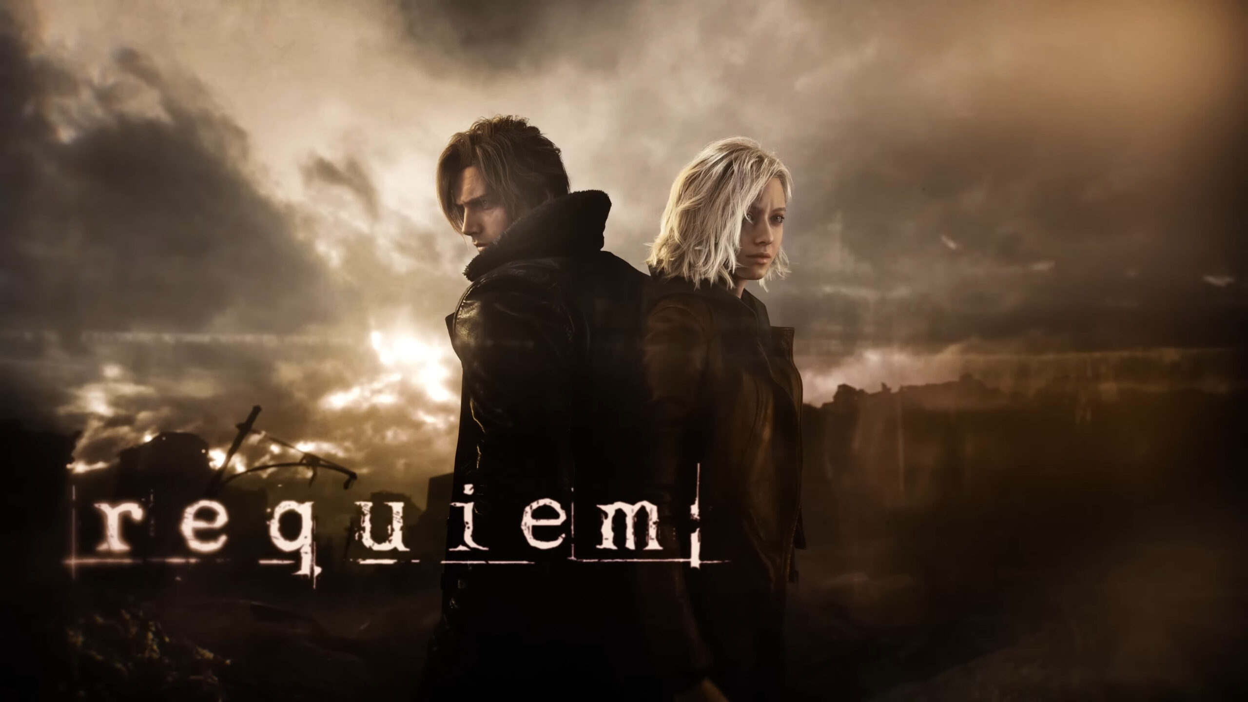 Two Figures Stand Back to back in Dark Jackets on a Smoky Desolate Battlefield at Sunset Conveying a Somber Tense Mood