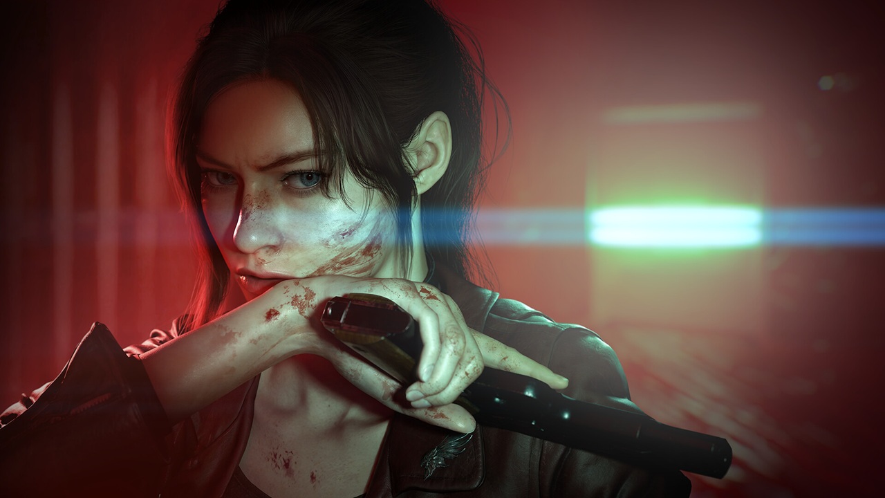 Tiered a Tense Woman with Dirt and Blood on Her Face and Hands Rests a Shotgun on Her Forearm with Red Police Lights Blurred in the Background