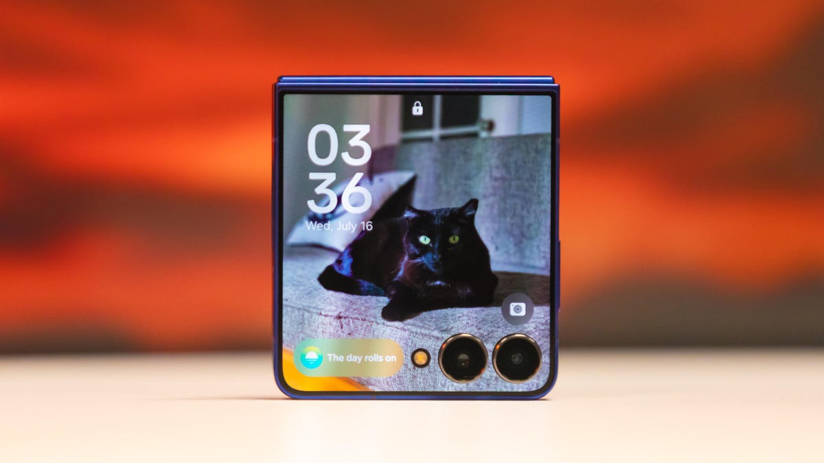 Blue foldable phone standing upright on a table, cat wallpaper on the screen and two camera lenses visible, orange blurred background behind it.